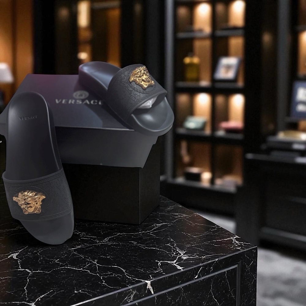 Versace Black Slides with Gold Medusa Emblem